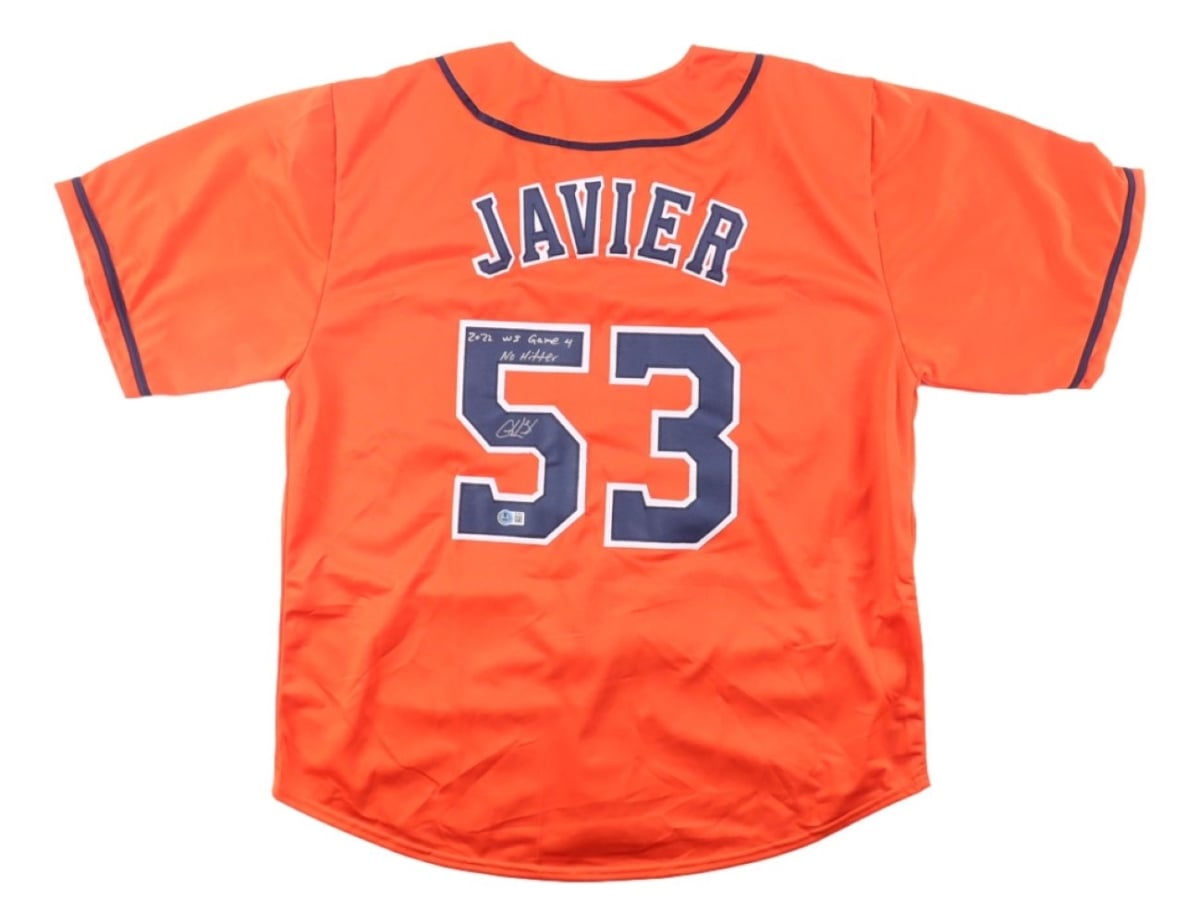 61292 Christian Javier Houston Signed Orange Baseball Jersey Game 4 No Hitter BAS