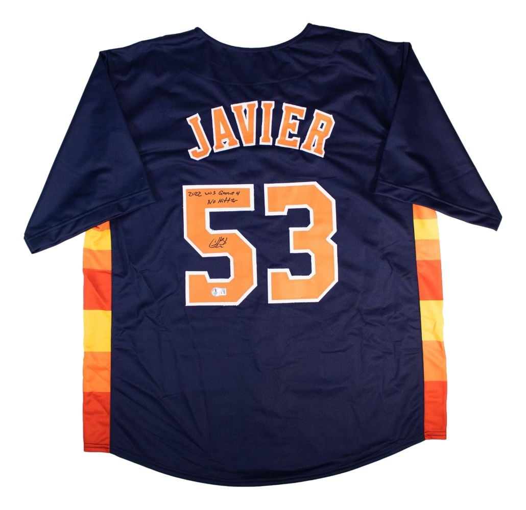 61293 Christian Javier Houston Signed Navy Baseball Jersey Game 4 No Hitter BAS