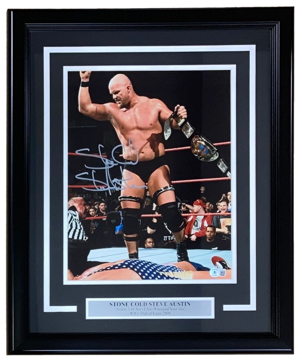 54850 Stone Cold Steve Austin Signed Framed 11 x 14 in. WWE Photo vs Kurt Angle BAS