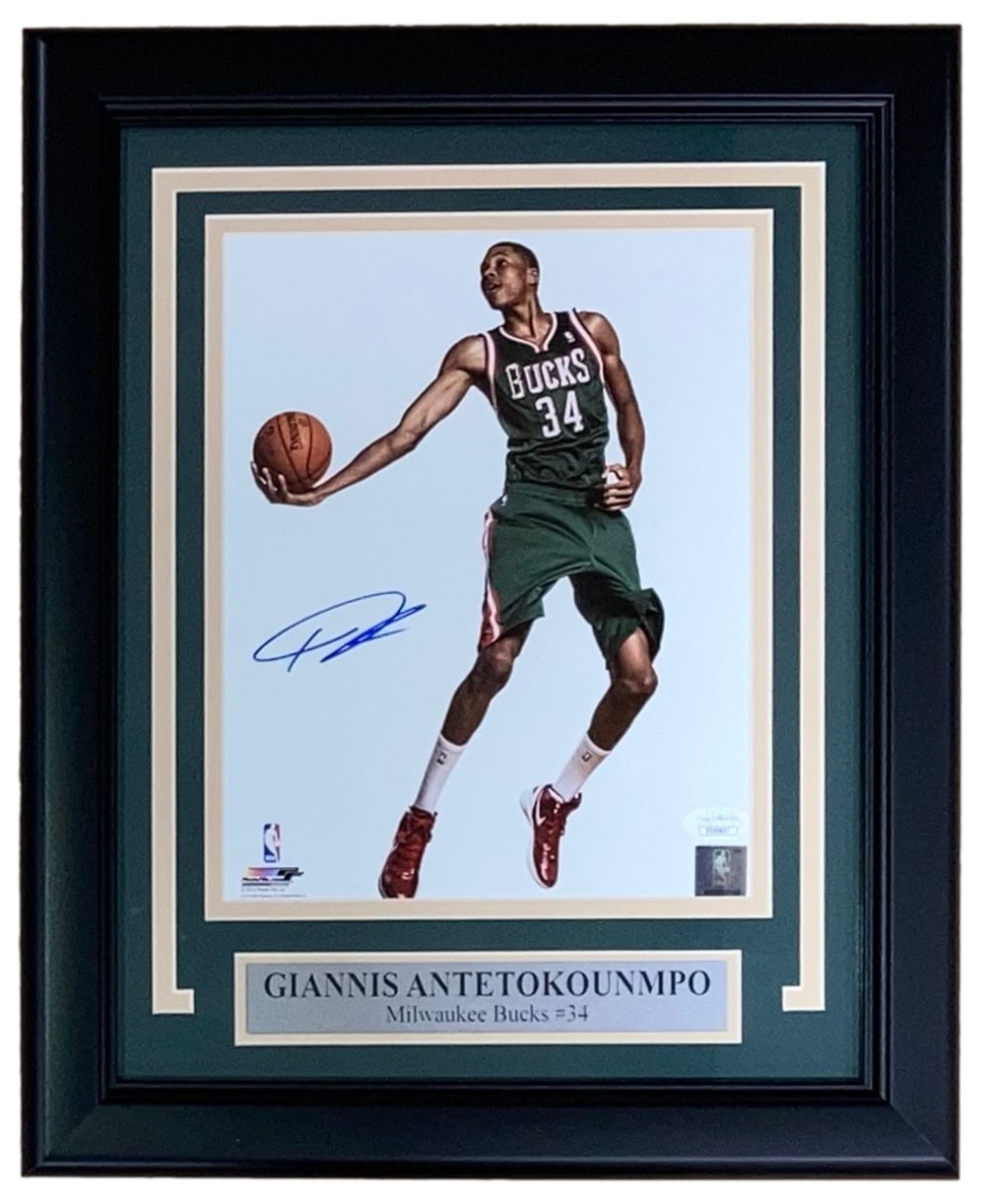 55513 Giannis Antetokounmpo Signed Framed 8 x 10 in. Milwaukee Bucks Green Jersey Photo JSA