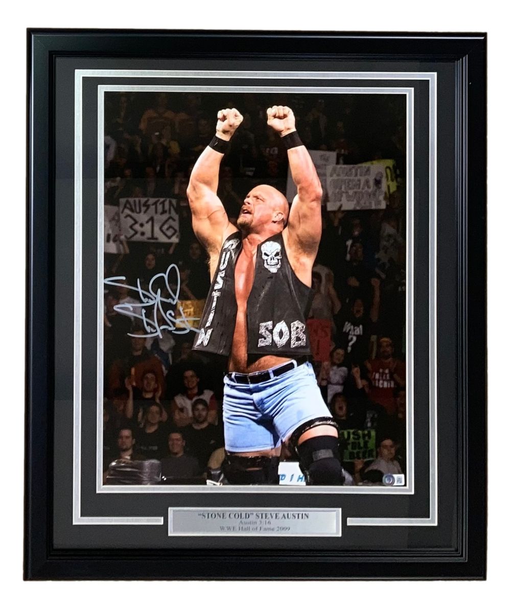 57239 Stone Cold Steve Austin Signed Autographed Framed 16 x 20 in. WWE Photo BAS