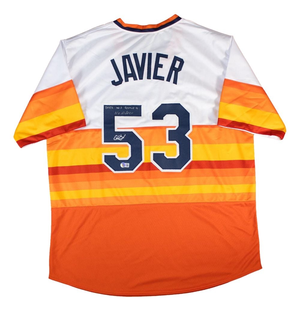 61465 Christian Javier Houston Signed Alt White Baseball Jersey Game 4 No Hitter BAS