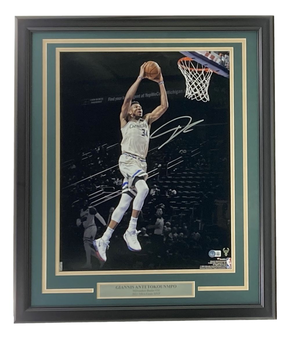 47936 Giannis Antetokounmpo Signed Framed 16 x 20 in. Milwaukee Bucks Dunk Photo BAS ITP