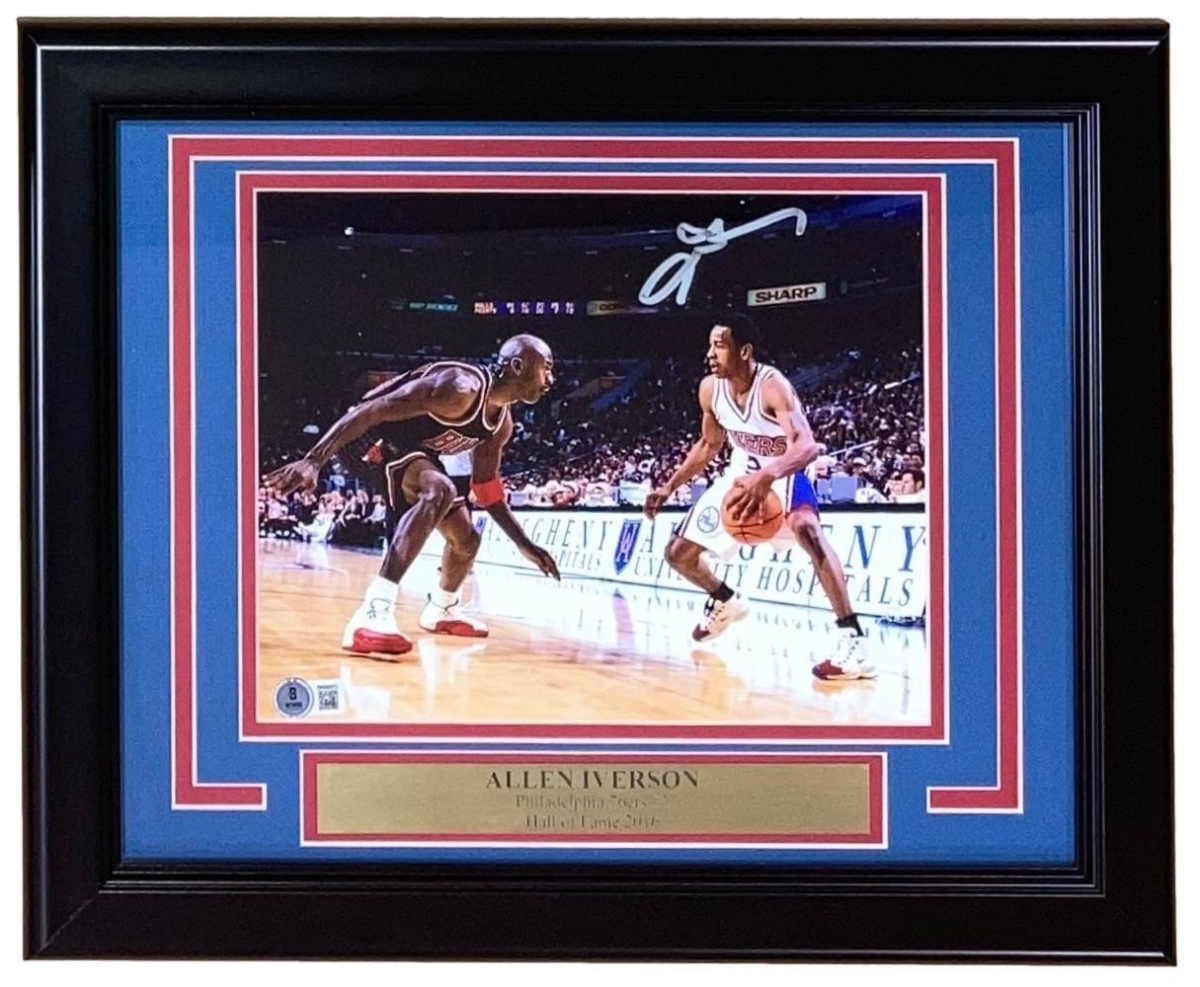 56632 Allen Iverson Signed Framed 8 x 10 in. Philadelphia 76ers Photo vs Michael Jordan BAS