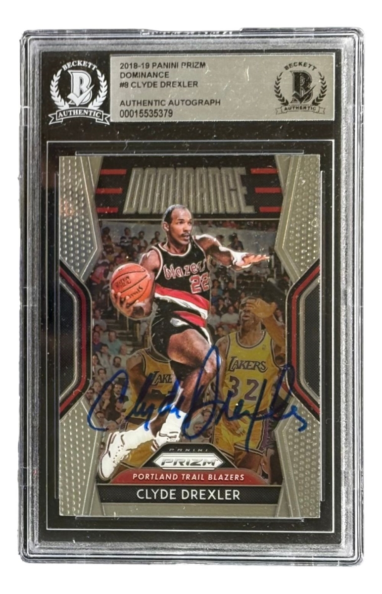 58207 Clyde Drexler Signed 2018-19 Panini Prizm No.8 Portland Trailblazers Trading Card BAS