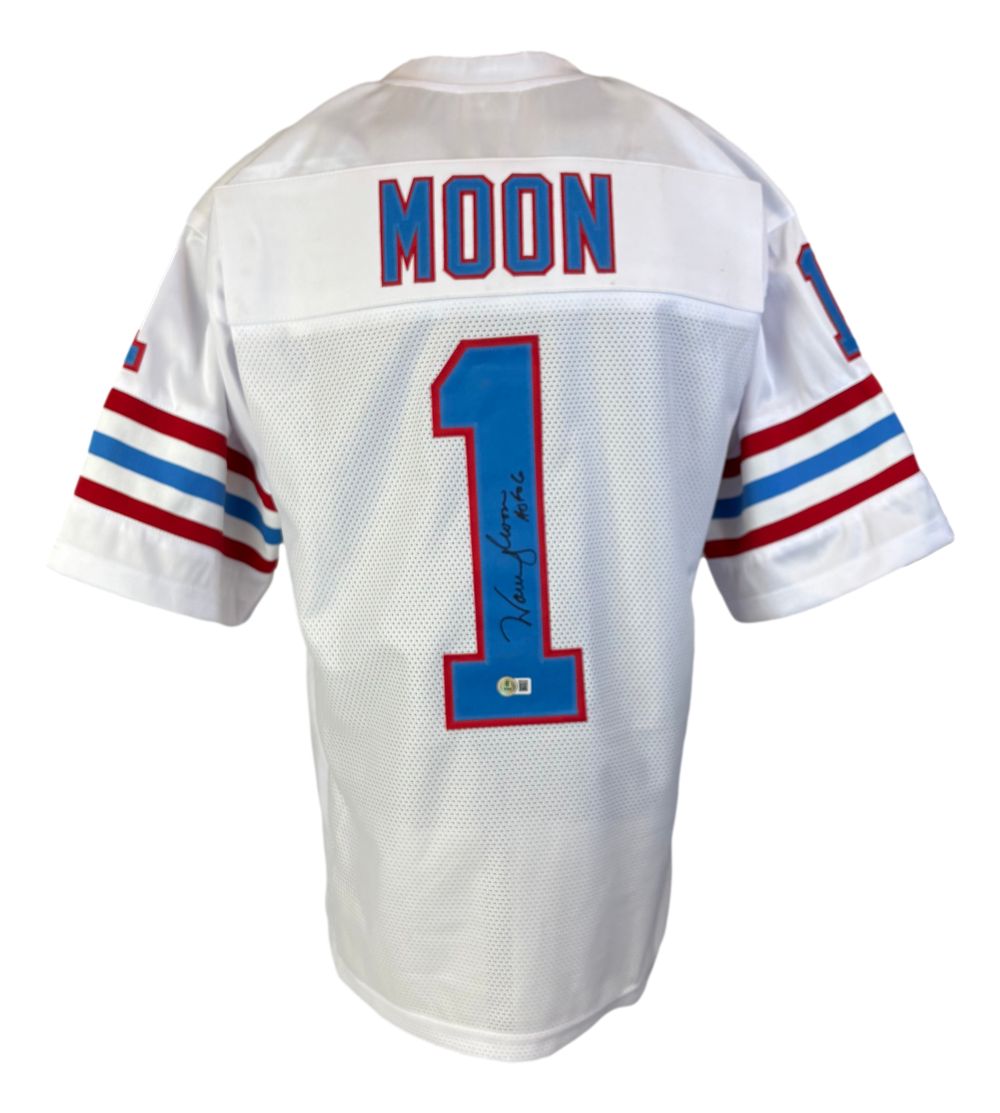 58323 Warren Moon Houston Signed White Football Jersey HOF 06 Inscribed BAS