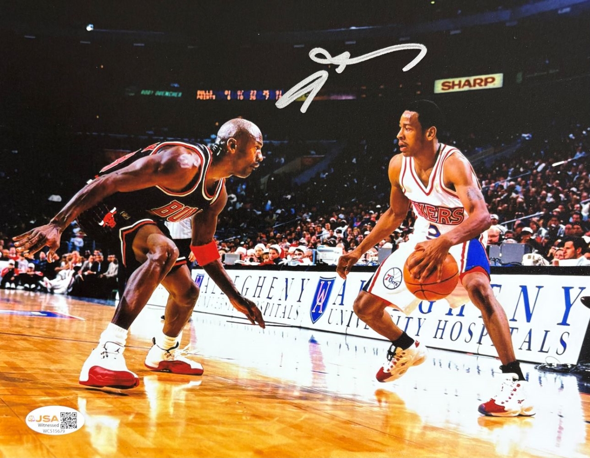 60450 Allen Iverson Signed 8 x 10 in. Philadelphia 76ers vs Michael Jordan Photo JSA QR