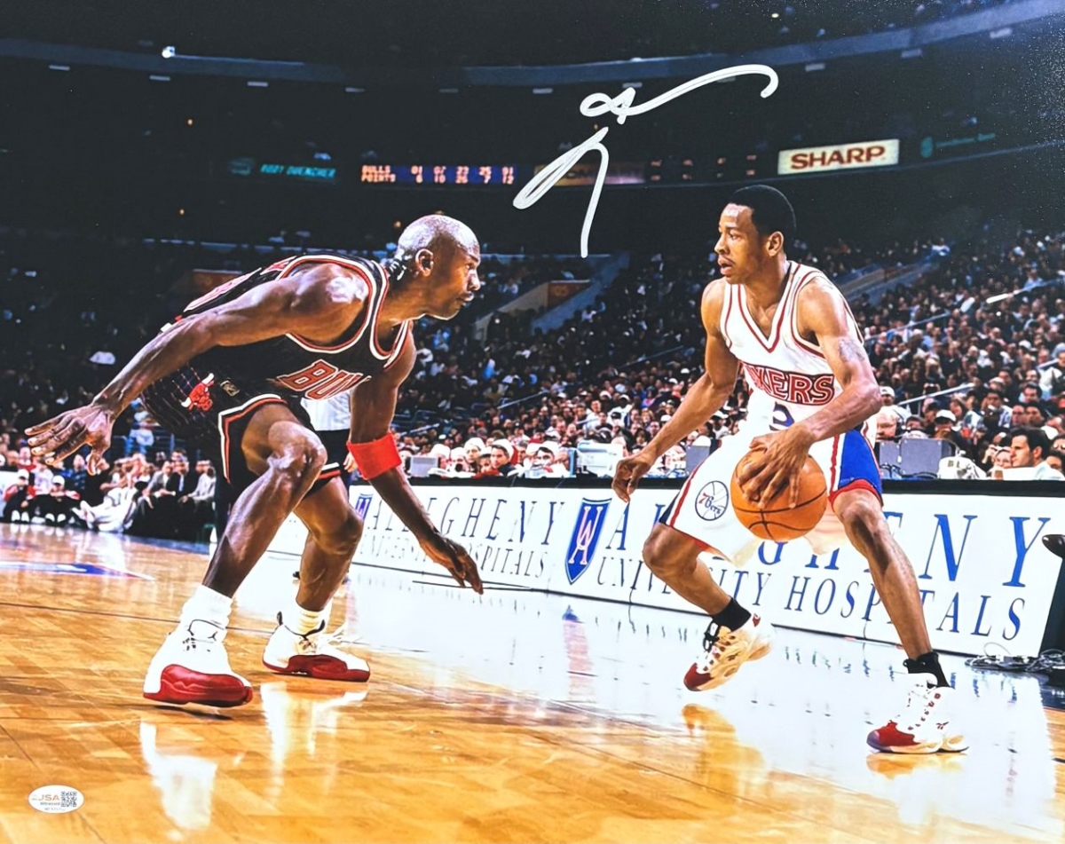 60452 Allen Iverson Signed 16 x 20 in. Philadelphia 76ers vs Michael Jordan Photo JSA QR