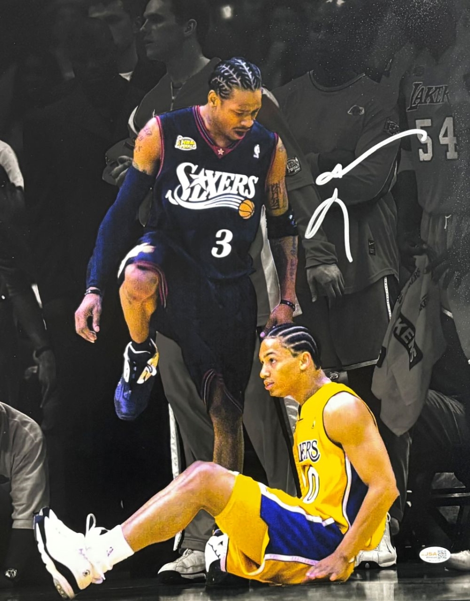 60453 Allen Iverson Signed 16 x 20 in. Philadelphia 76ers Lue Step Over Photo JSA QR