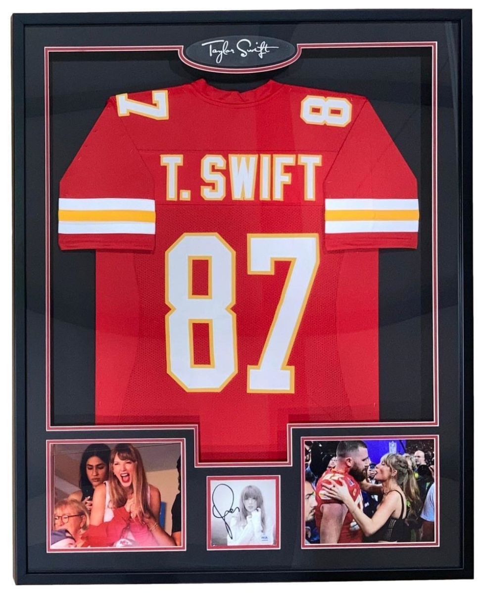 56730 Taylor Swift Framed Red Football Jersey with Signed Insert PSA & DNA