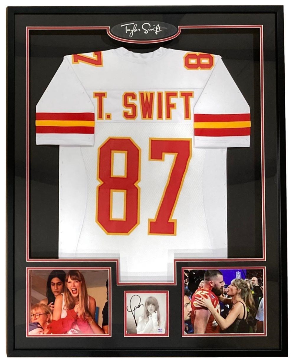 56731 Taylor Swift Framed White Football Jersey with Signed Insert PSA & DNA