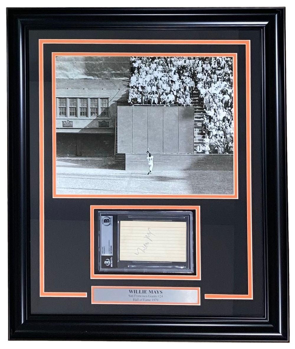 56202 RARE Vintage Willie Mays Signed Framed 3 x 5 in. Index Card San Francisco Giants BAS