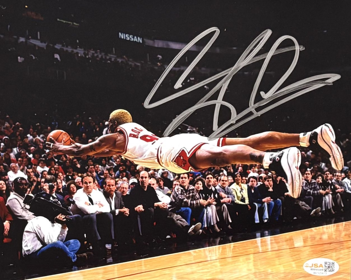 60714 Dennis Rodman Signed 8 x 10 in. Chicago Bulls Dive Photo JSA QR