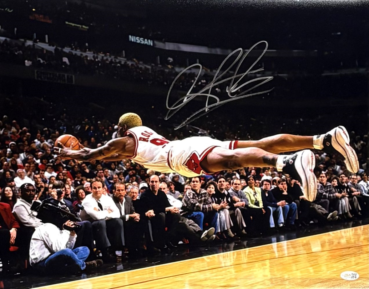 60715 Dennis Rodman Signed 16 x 20 in. Chicago Bulls Dive Photo JSA QR