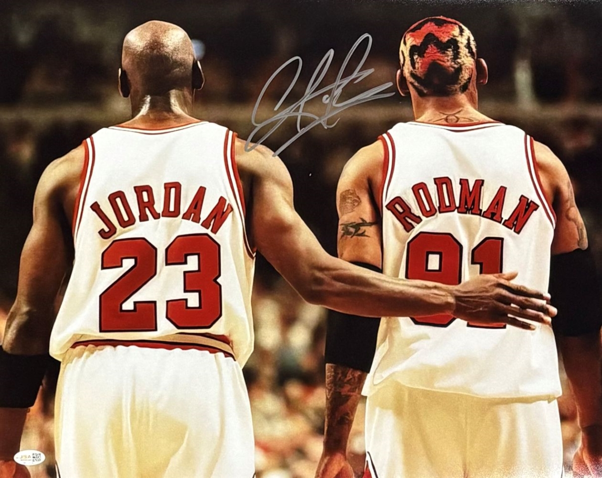 60716 Dennis Rodman Signed 16 x 20 in. Chicago Bulls Photo with Michael Jordan JSA QR