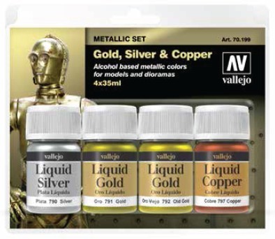 Vallejo Acrylic Paints VLJ-70199 35 ml Bottle Liquid Gold, Silver, Copper Metallic Model Color Paint Set - 4 Colors