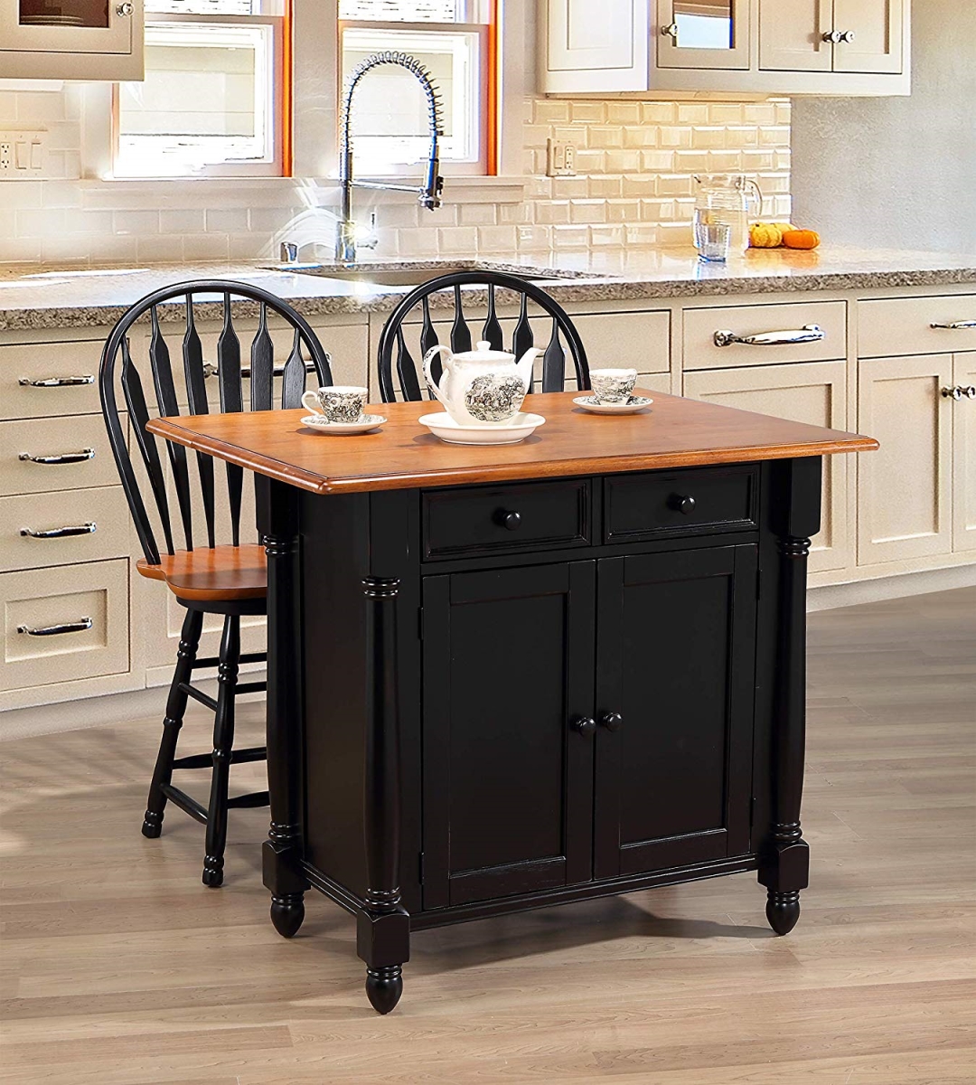Drop Leaf Kitchen Island Set with 2 Swivel Stools Drawers & Storage - Antique Black with Cherry 3 Piece