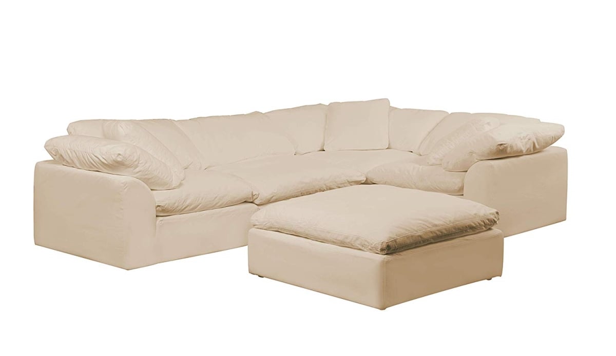 Sunset Trading Contemporary Puff Collection 5PC Slipcovered Modular L-Shaped Sectional Sofa w Ottoman | Performance Fabric Washable Water-Resistant Stain-Proof | Deep-Seat Down-Fill Couch | Tan/Beige