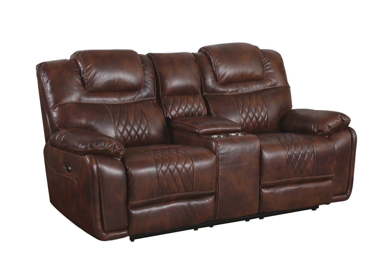 Diamond Power Dual Reclining Loveseat & Center Console with Cup Holders Brown Leather Gel