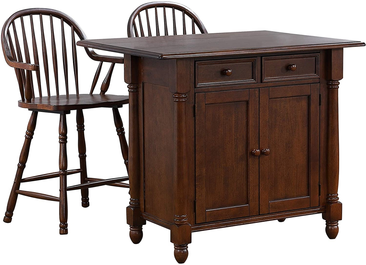 Picture of Sunset Trading Andrews Drop Leaf Kitchen Island with Counter Height Stools with Arms Drawers &amp; Cabinet Distressed Chestnut Brown