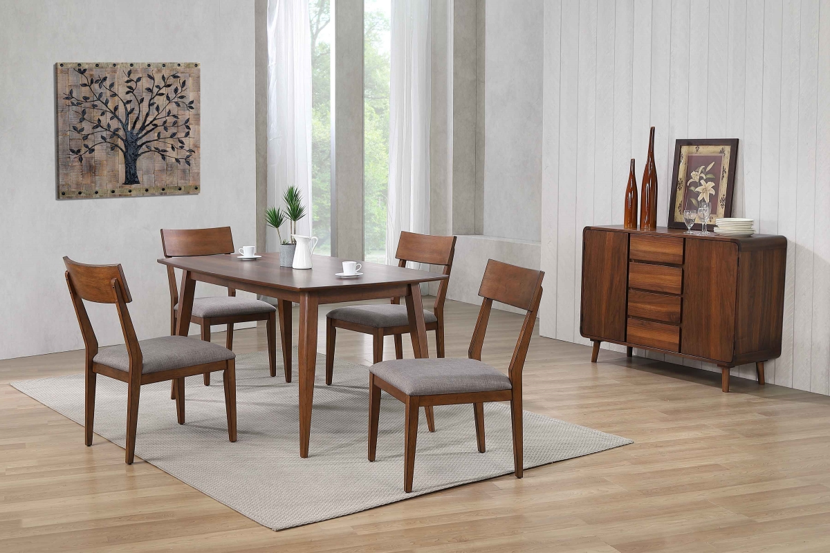 30.5 x 60 x 36 in. Mid Century Dining Table Set with Padded Performance Fabric Seats & Server Danish Walnut - 6 Piece