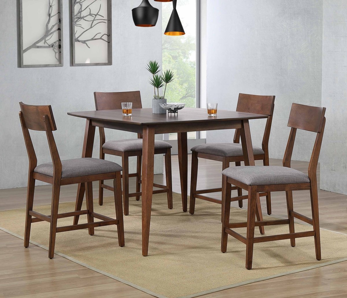 36 x 48 x 48 in. Mid Century Square Counter Height Pub Table Dining Set with Padded Performance Fabric Seats Danish Walnut - 5 Piece -  Sunset Trading, DLU-MC4848-B45-5P