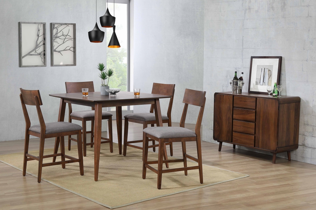 36 x 48 x 48 in. Mid Century Square Counter Height Pub Table Dining Set with Padded Performance Fabric Seats & Server Danish Walnut - 6 Piece -  Sunset Trading, DLU-MC4848-B45-SR6P