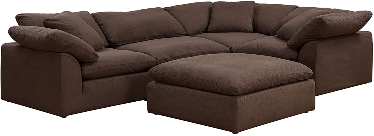 Trading Cloud Puff Slipcovered Modular L Shaped Sectional Sofa with Ottoman & Performance Fabric Contemporary Brown - 5 Piece