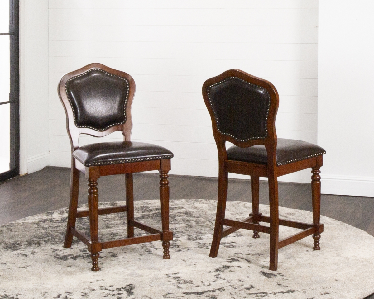 Bellagio Upholstered Barstools with Backs - Counter Height Dining Chairs & Nailheads Distressed Cherry Brown Wood - Set of 2