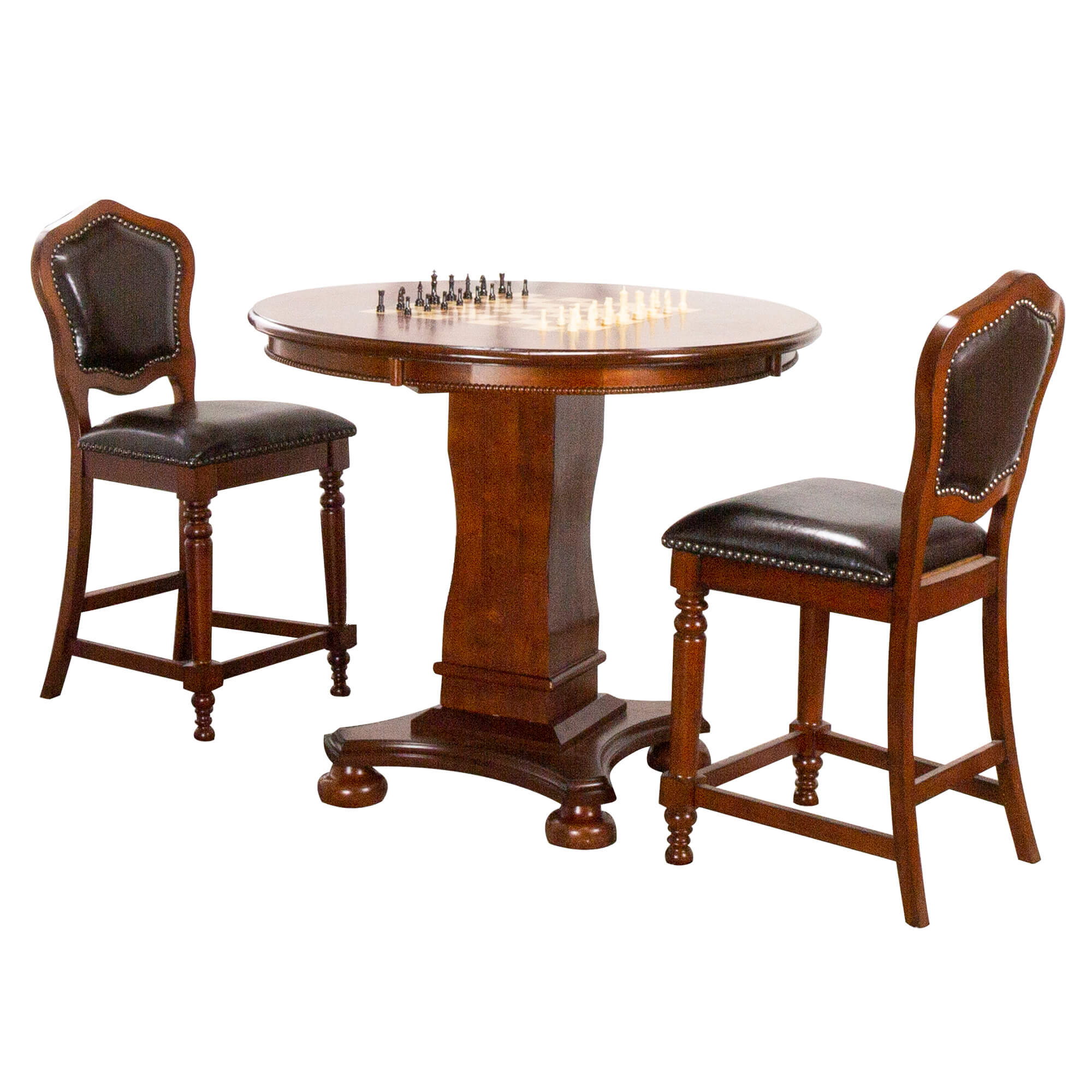 42 in. Bellagio Round Counter Height Dining with Chess & Poker Table - Reversible 3 in 1 Game Top Distressed Cherry Brown Wood - 3 Pieces -  Sunset Trading, SU476230
