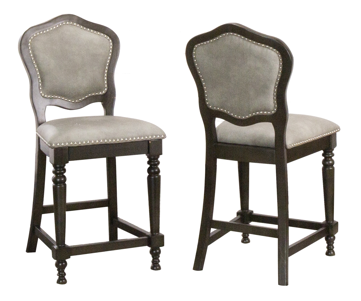 Vegas Upholstered Barstools with Backs - Counter Height Dining Chairs & Nailheads Distressed Gray Wood - Set of 2