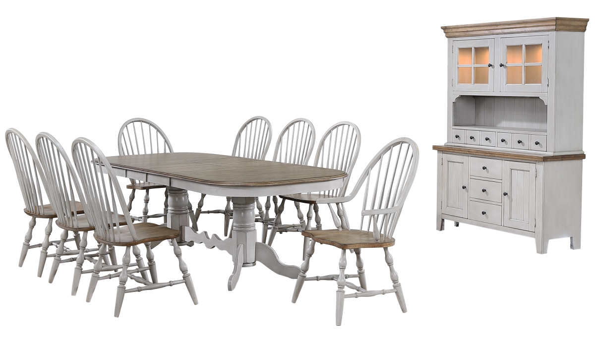 Country Grove Double Pedestal Extendable Dining Table Set with 2 Arm Chairs & Lighted China Cabinet, Distressed Gray & Brown Wood - 10 Piece -  Sunset Trading, DLU-CG4296-30AGOBH10