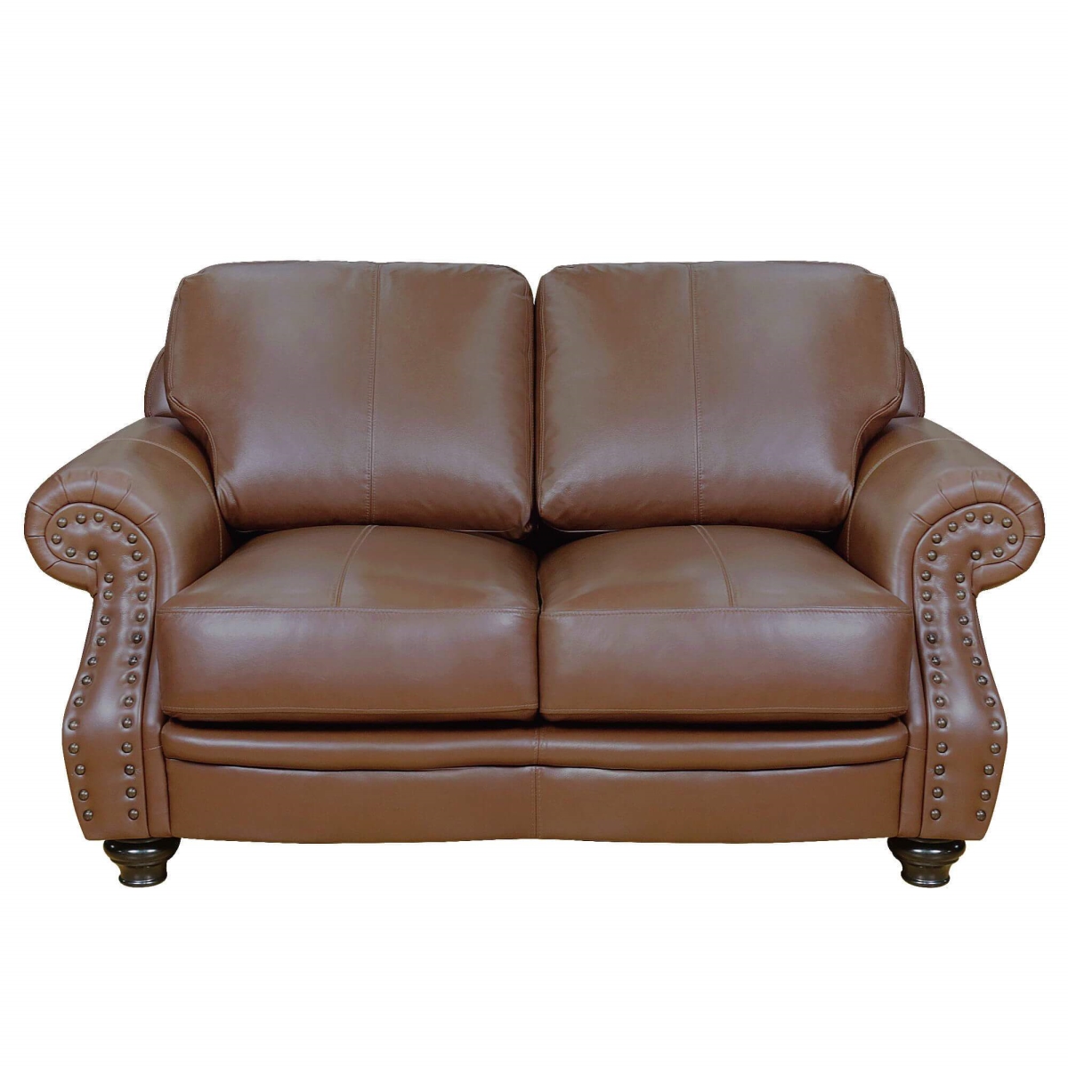 63 in. Charleston Top Grain Leather Rolled Arm Small Couch Loveseat with Nailheads Chestnut Brown