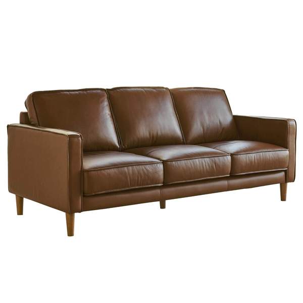 79 in. Prelude Top Grain Leather Mid Century Modern 3 Seater Couch Sofa Chestnut