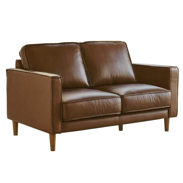 55 in. Prelude Top Grain Leather Mid Century Modern Small Couch Loveseat Chestnut