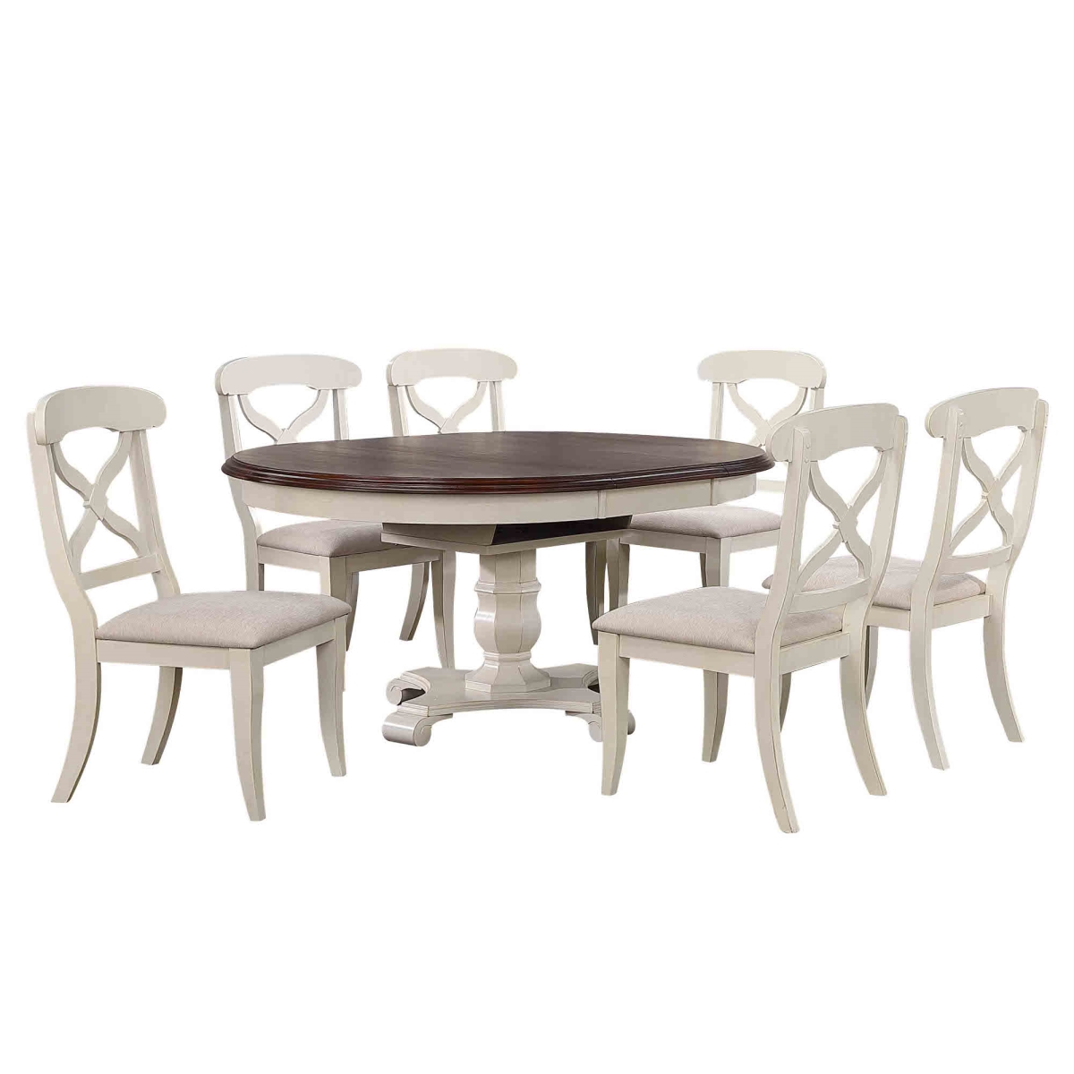 48 in. Round or 66 in. Oval Andrews Extendable Dining Set, Antique White & Chestnut Brown - 7 Piece