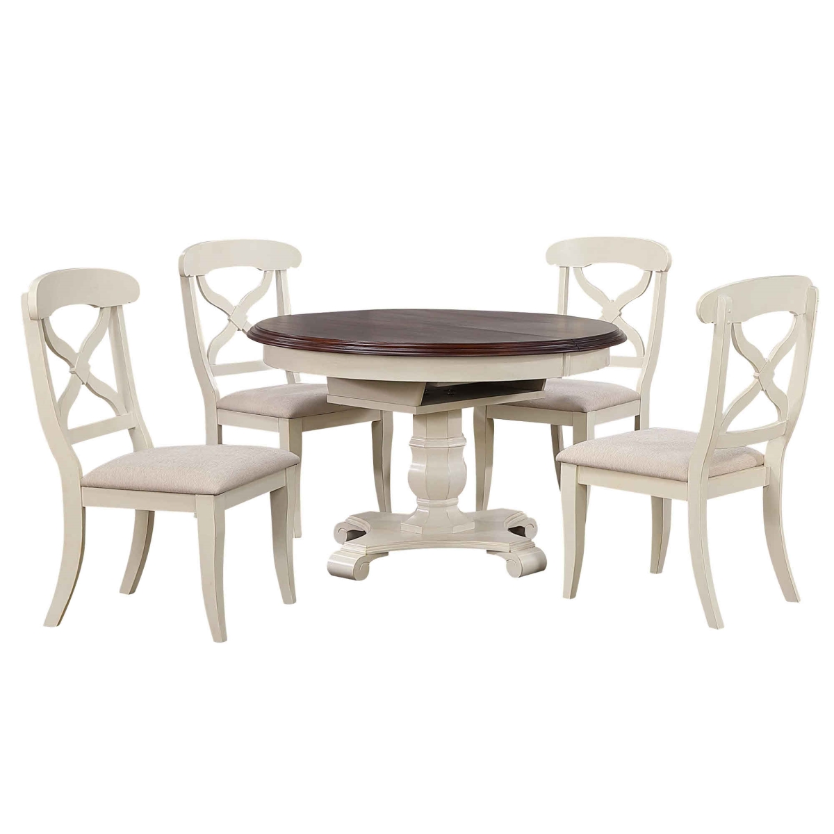 48 in. Round or 66 in. Oval Andrews Extendable Dining Set, Antique White & Chestnut Brown - 5 Piece