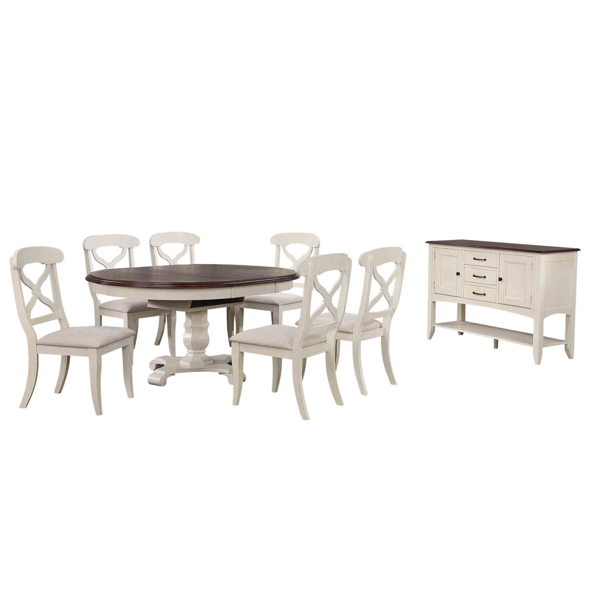 48 in. Round or 66 in. Oval Andrews Extendable Dining Set, Antique White & Chestnut Brown - 8 Piece