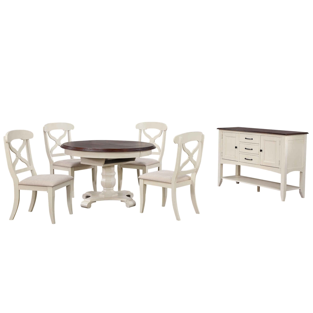 48 in. Round or 66 in. Oval Andrews Extendable Dining Set, Antique White & Chestnut Brown - 6 Piece