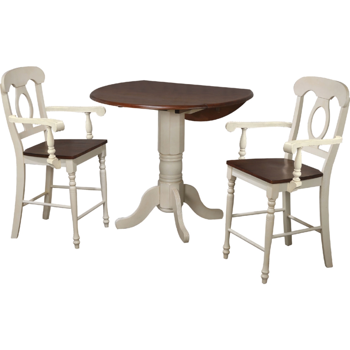 42 in. Andrews Round Drop Leaf Pub Table Set for 2 Barstools with Arms & Seats 6, Antique White & Chestnut Brown - 3 Piece -  Fine-line, FI3215850