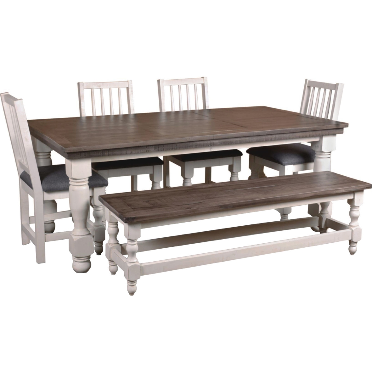 78 in. Rustic French Rectangular Dining Table Set with Bench & 4 Upholstered Chairs & Kitchen Furniture, Distressed White & Brown Solid Wood -  Sunset Trading, HH-8750-018-4006P