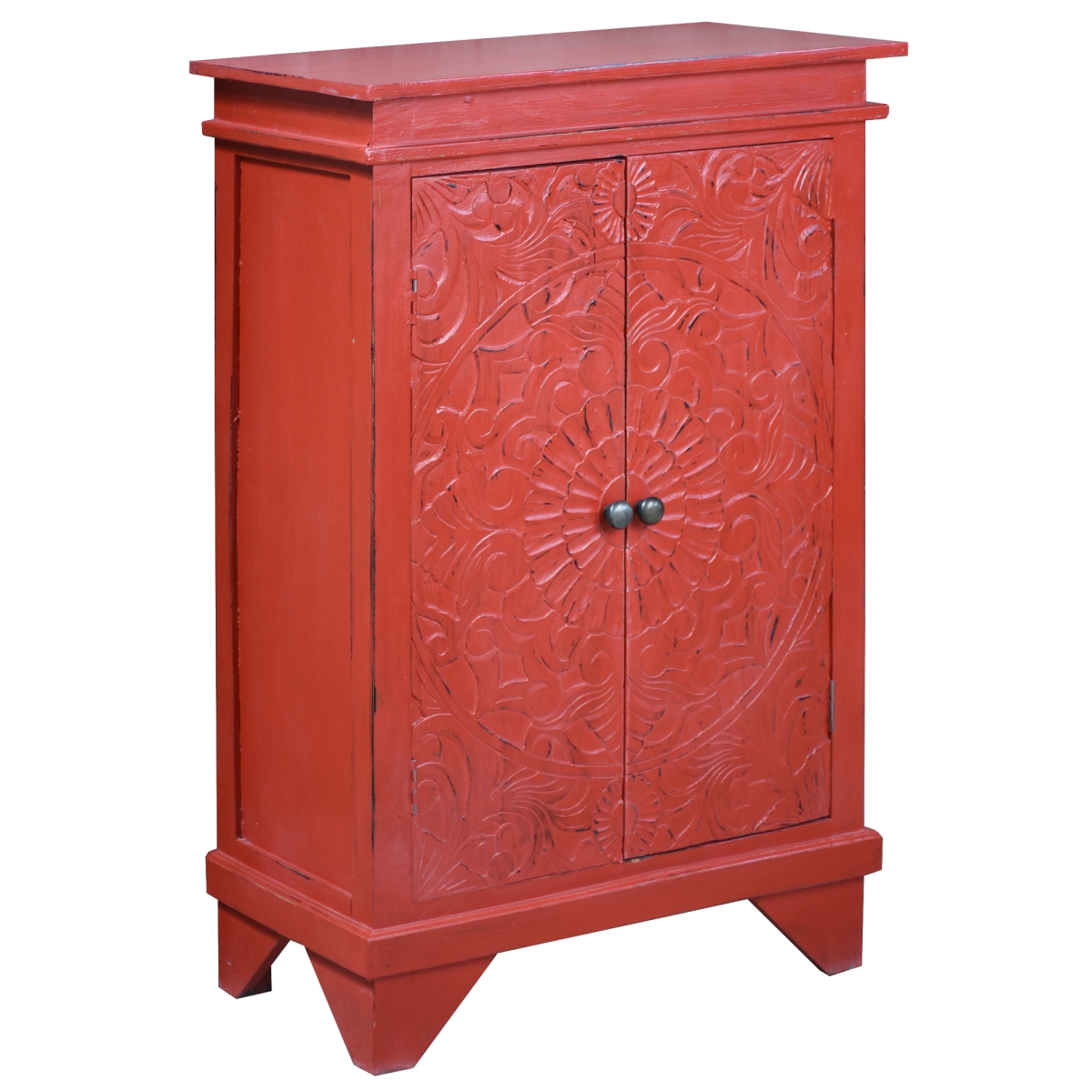 Cottage Solid Wood Carved Accent Cabinet, Distressed Antique Red