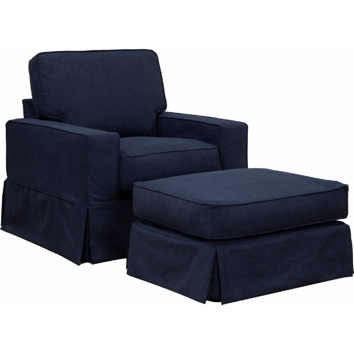 Americana Box Cushion Slipcovered Chair & Ottoman Set with Stain Resistant Performance Fabric, Navy Blue