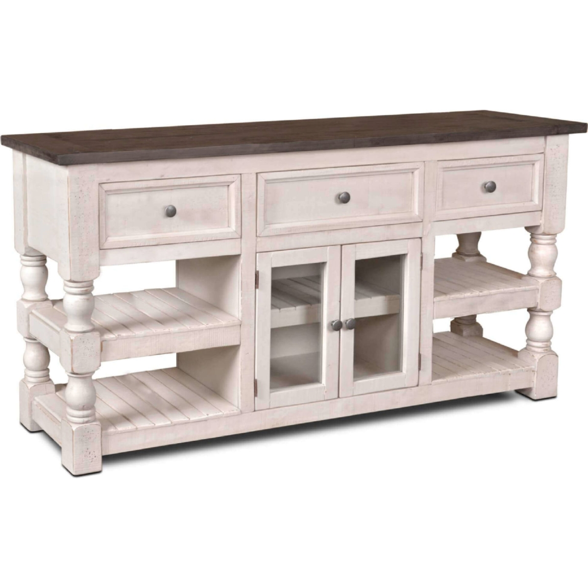 Picture of Sunset Trading HH-2750-070 70 in. Rustic French Console with 3 Drawer & 2 Door Media Storage Cabinet & 4 Open Shelves&#44; Distressed White & Brown Solid Wood
