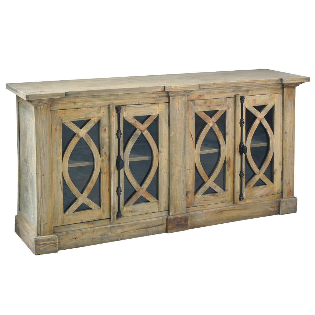 CC-CAB1705S-DW 71 in. Cottage Solid Wood Credenza Curved Glass Door Sideboard, Driftwood Brown