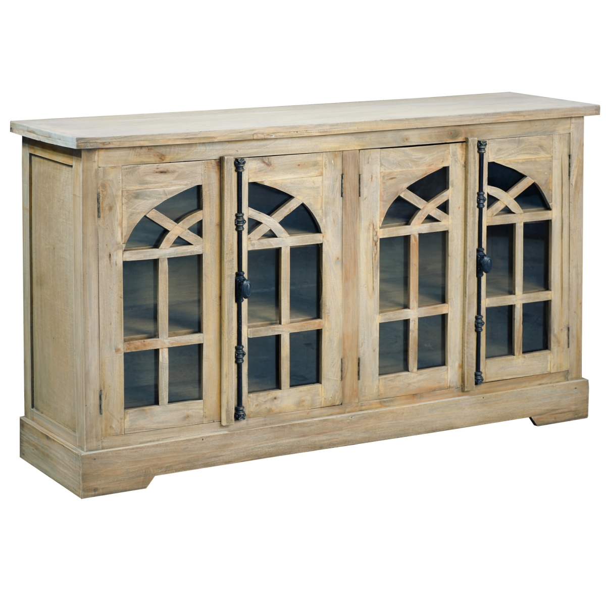 CC-CAB1706S-DW 63 in. Cottage Solid Wood Arched Glass Door Credenza Sideboard, Driftwood Brown
