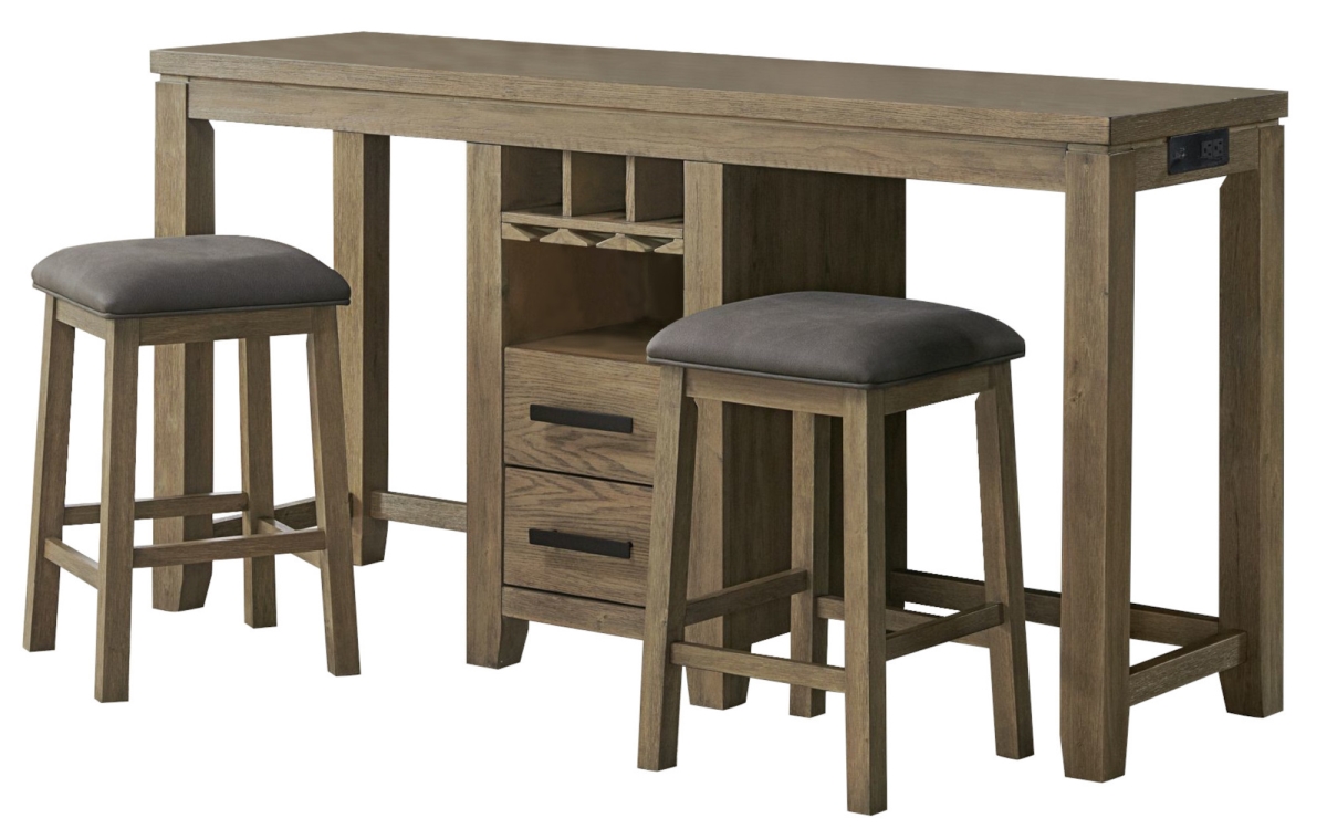 Saunders Bar Console Table with Power Strip & Stools, 3 Piece