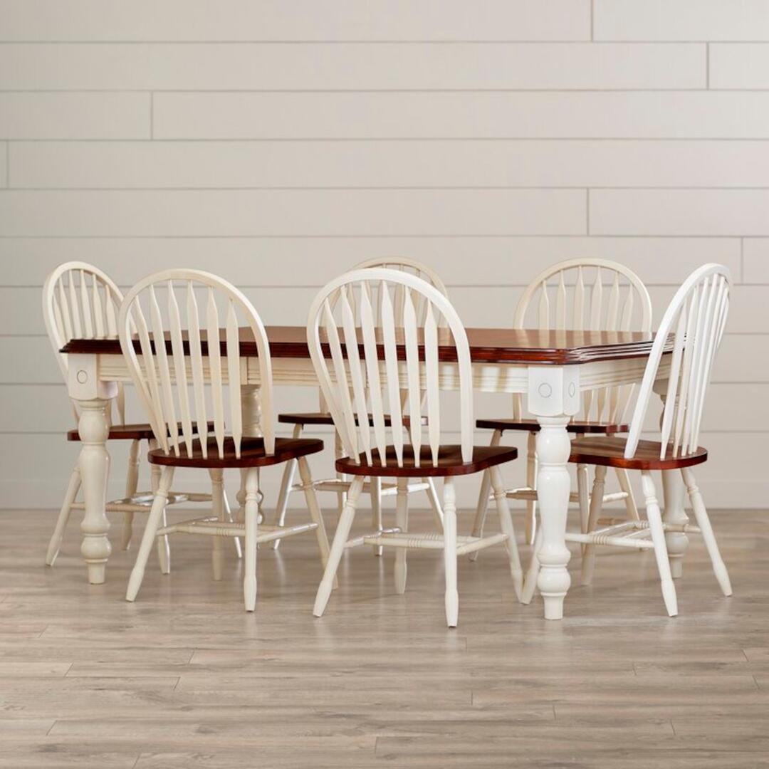 DLU-ADW4272-820-AW7P 56-72 in. Andrews Rectangular Extendable Dining Set with Windsor Arrowback Chairs - Antique White & Chestnut Brown - 7 Piece
