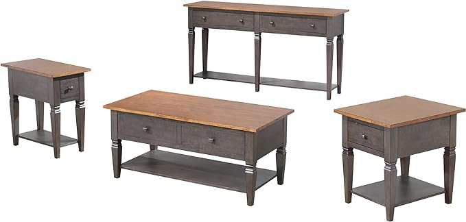 44 in. Rectangle Cocktail Dakota Wood Coffee Table Set with Drawers & Storage Shelves, Distressed Brown & Ash Gray - 4 Piece
