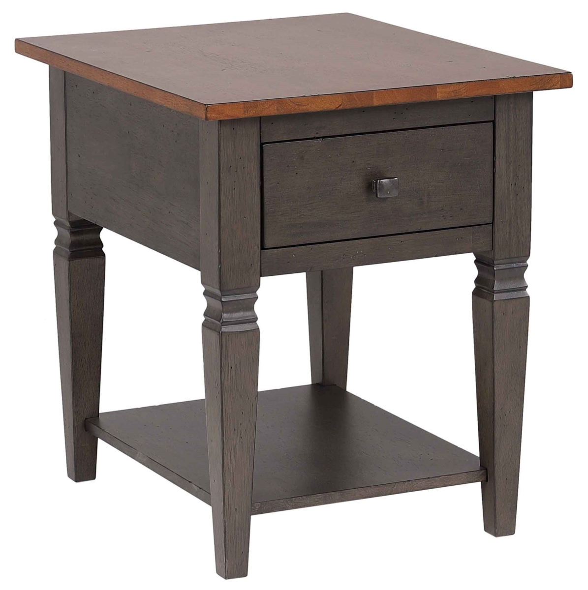 Dakota Solid Wood Living Room End Table with Drawer & Shelf Storage, Two-Tone Distressed Brown & Ash Gray